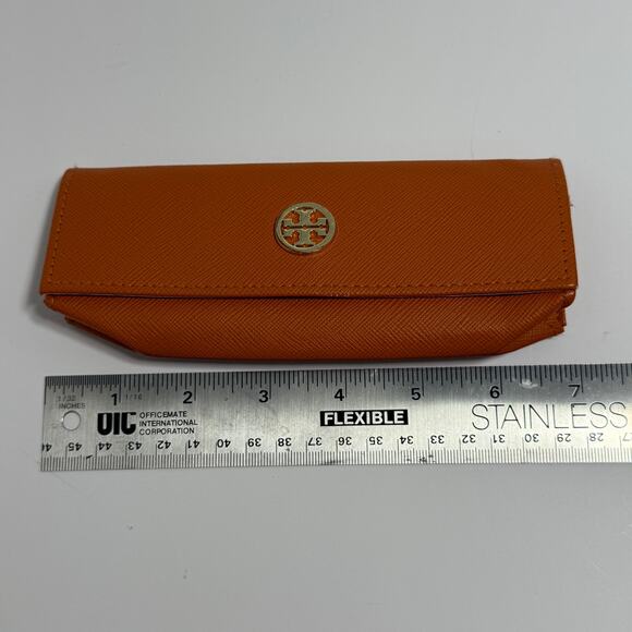 Tory Burch Mini Eyeglass Case Orange Logo Leather Readers Case - Picture 5 of 6